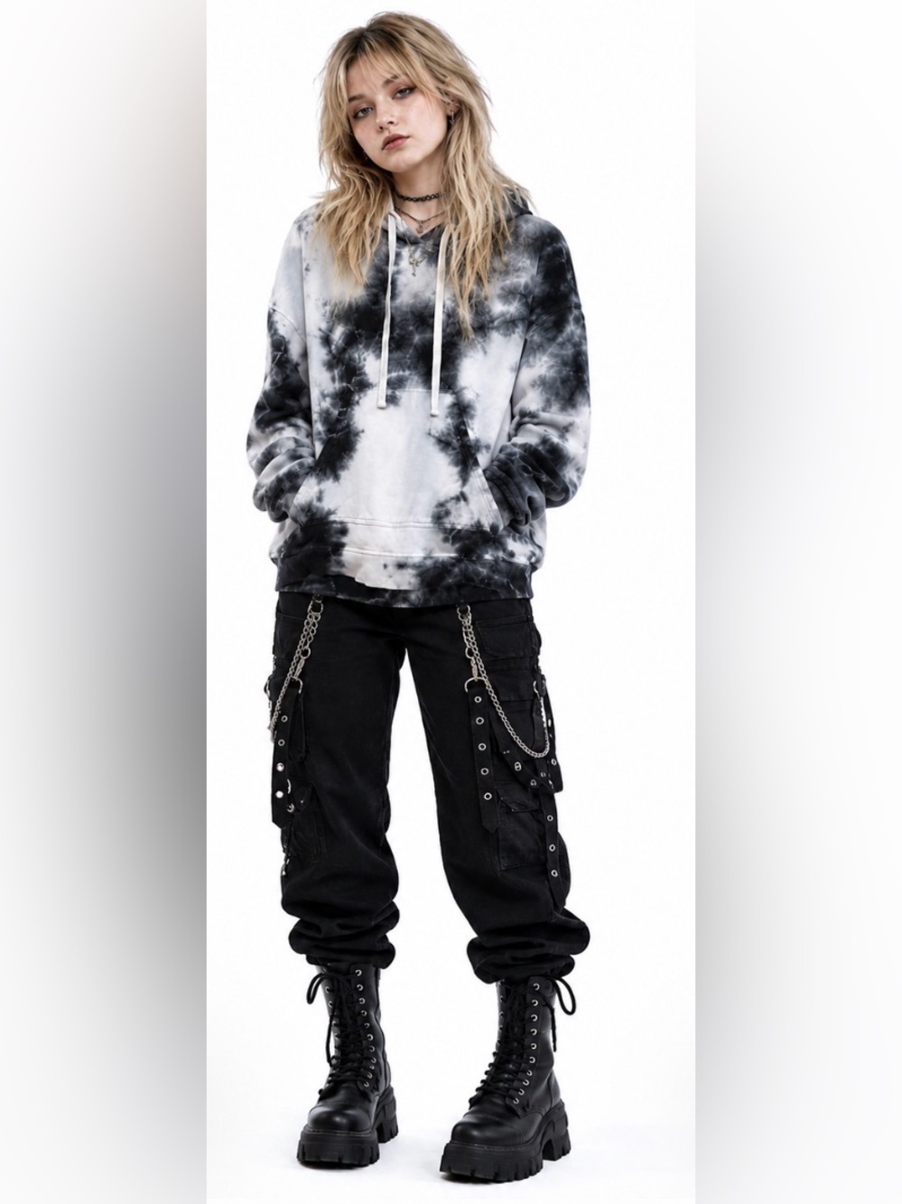 Electric & Rose Black & White Tie-Dye Hoodie w Drop Shoulder & Kangaroo Pocket